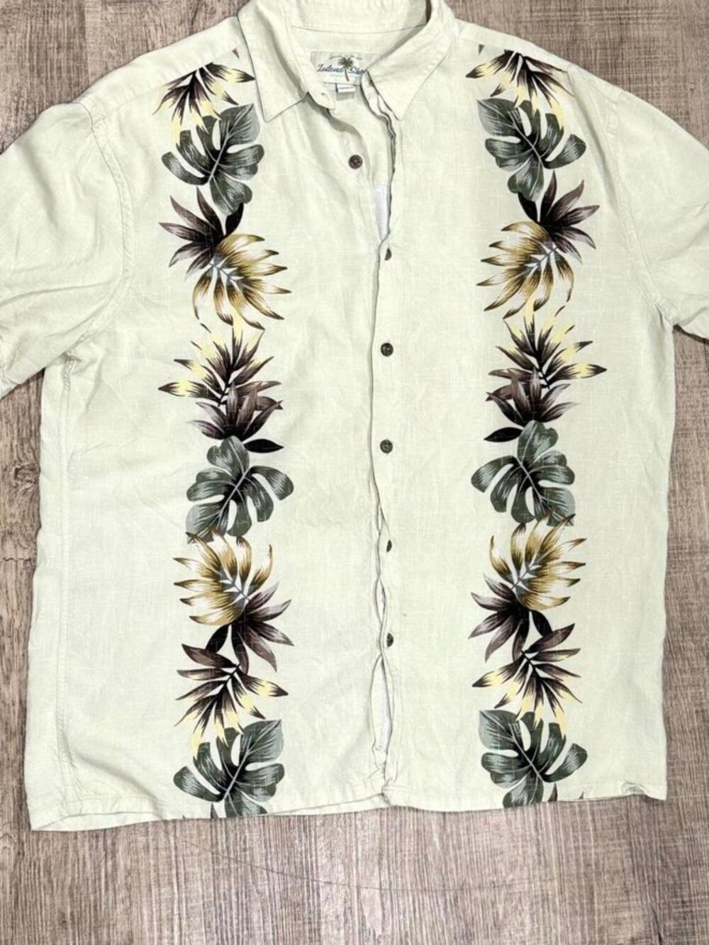 Island Shores Vintage Hawaiian Shirt Men L Cream Botanical Leaves Rayon